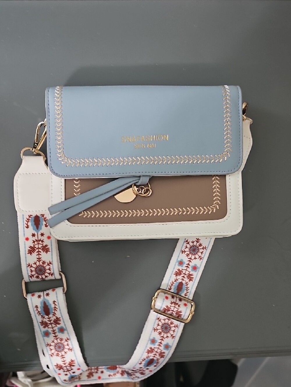 Light Blue Crossbody Bag with Embroidered Strap - Picture 2 of 3